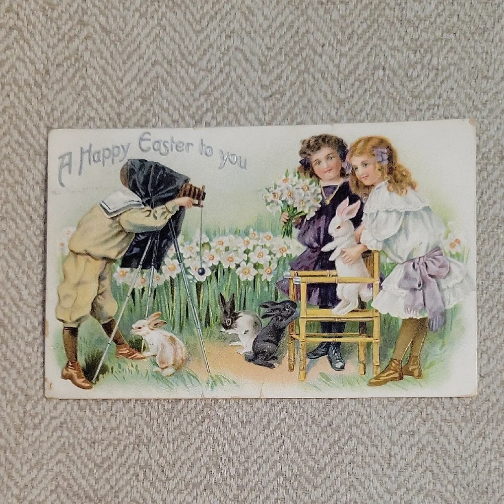 1909 TUCK Easter Greeting Postcard with Children and Bunnies